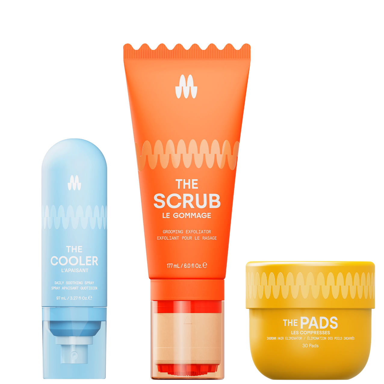 Daily soothing spray, grooming exfoliator scrub, and ingrown hair eliminator pads in colorful skincare packaging.
