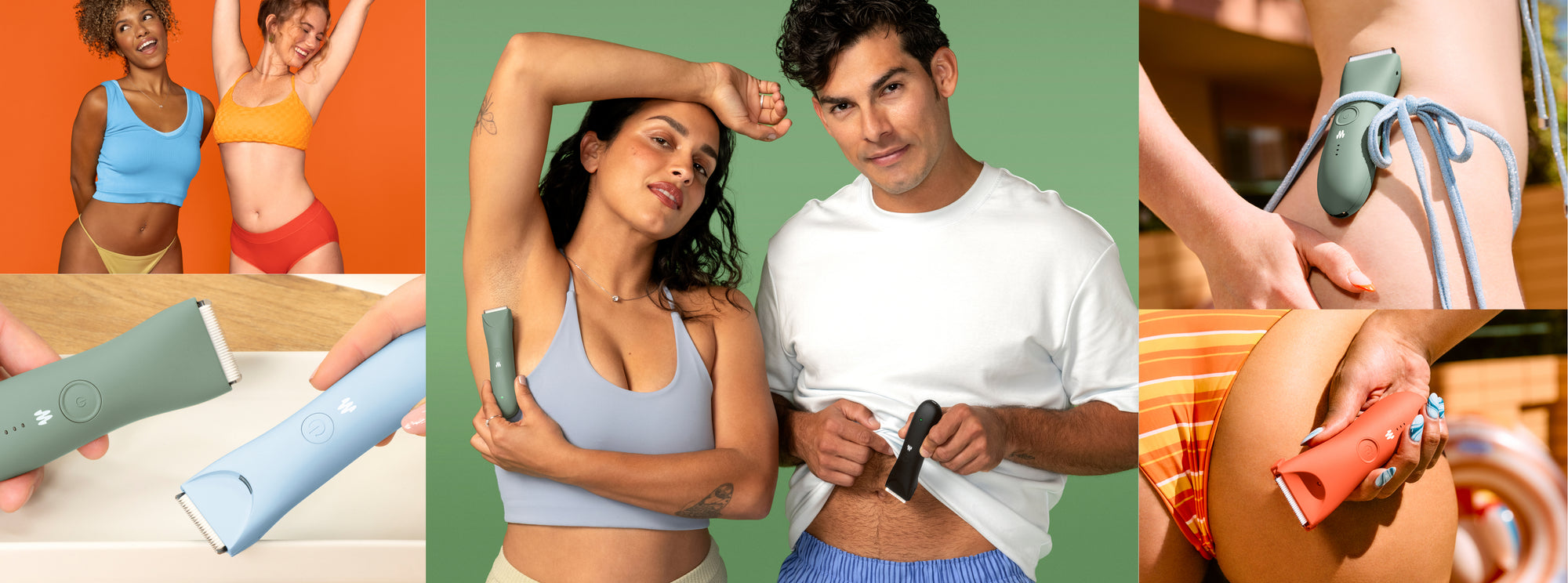 Hair removal devices displayed with diverse models using electric epilators on underarms, legs, and arms against colorful backgrounds