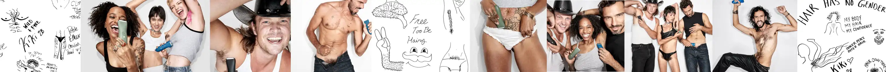 Group of diverse people cheerfully using grooming products with sketches and handwritten affirmations about hair and body positivity in the background.
