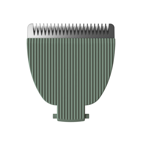 Green ribbed hair clipper blade attachment with sharp stainless steel teeth for precise grooming and trimming.