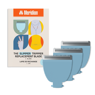 Meridian slimmer trimmer replacement blades with packaging showing body grooming areas and two fingers peace sign.