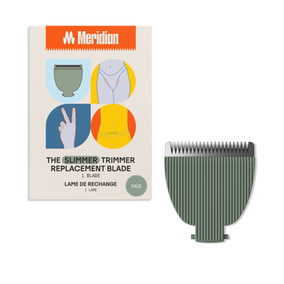 Meridian slimmer trimmer replacement blade in sage color with packaging showing body grooming areas and hand gesture icons.