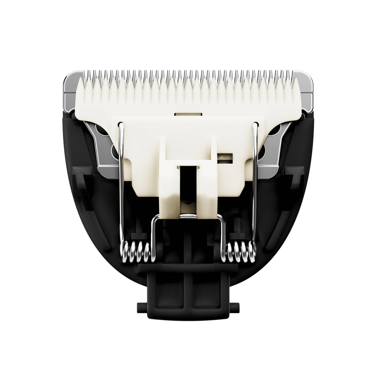 White and black electric hair clipper blade attachment with metal teeth for precise haircut trimming and styling