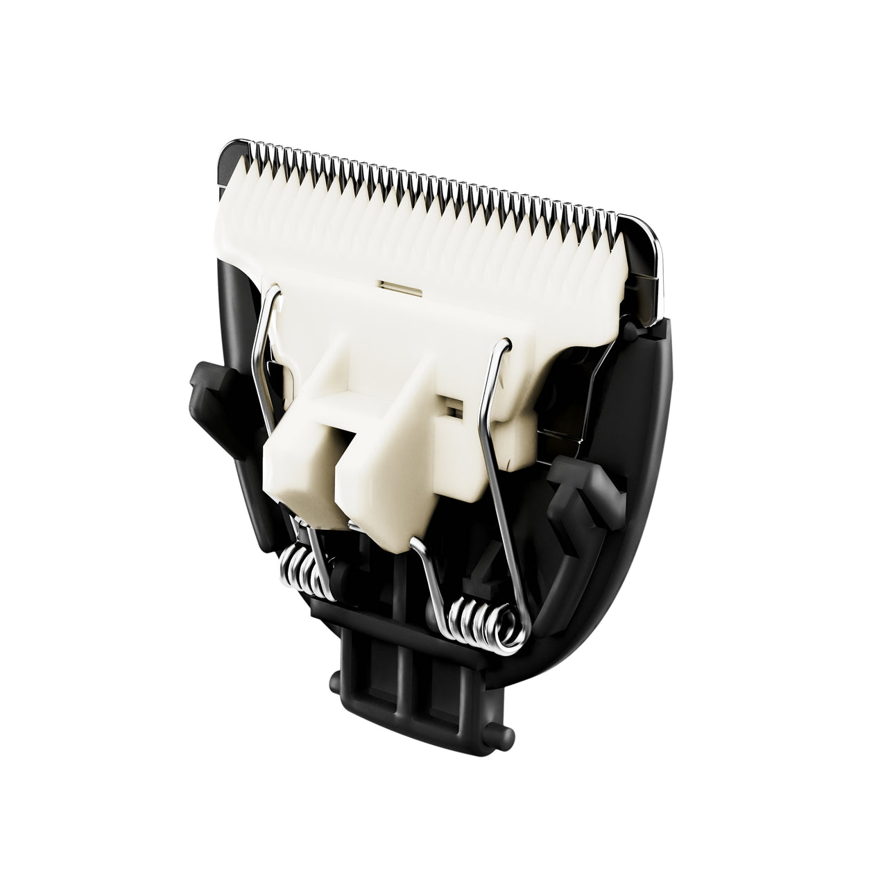 Cordless electric clipper replacement blade with stainless steel cutting edges and black plastic housing for hair trimming.
