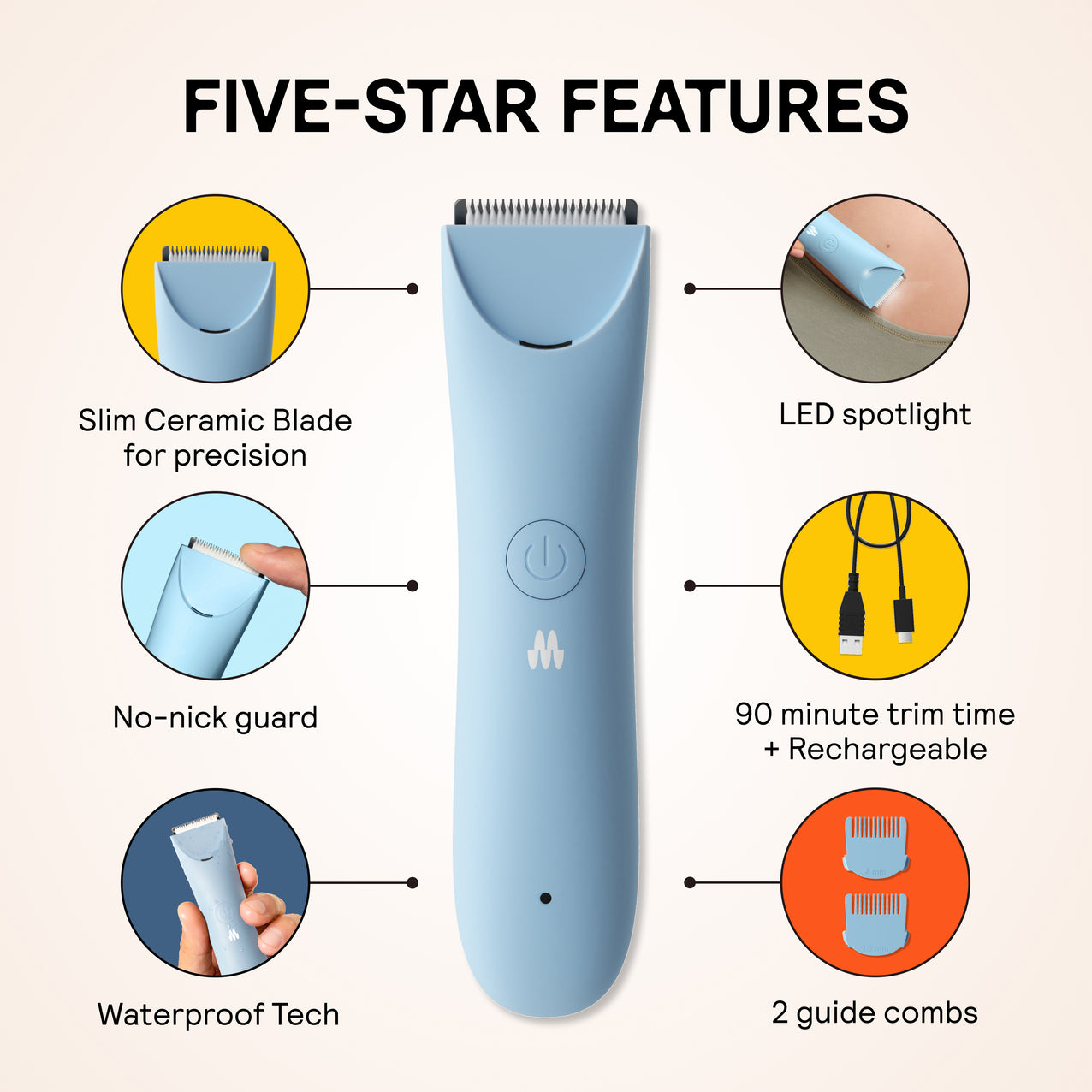Light blue cordless trimmer with slim ceramic blade, LED spotlight, no-nick guard, waterproof tech, 2 guide combs, rechargeable 90-min runtime.