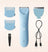 Blue cordless hair trimmer with USB charging cable, two blue clipper guards (1.6mm, 4mm), extra blade, and cleaning brush set.