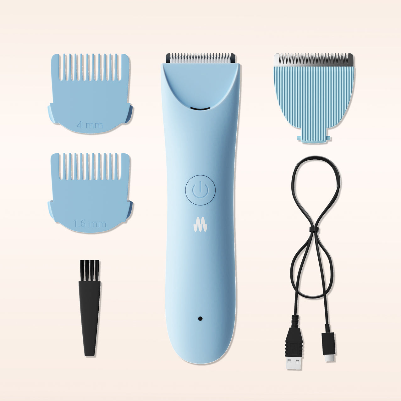 Blue cordless hair trimmer with USB charging cable, two blue clipper guards (1.6mm, 4mm), extra blade, and cleaning brush set.