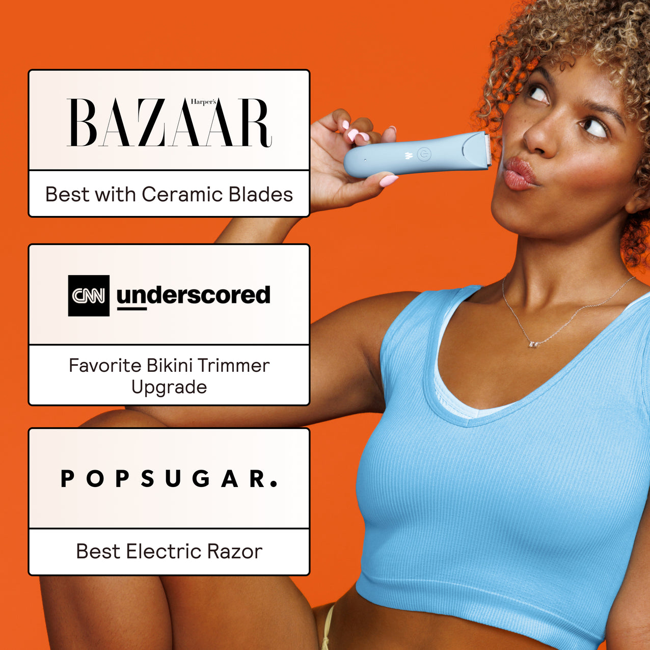 Woman with curly hair holding blue electric bikini trimmer, praised by Harper's Bazaar, CNN underscored, and PopSugar.