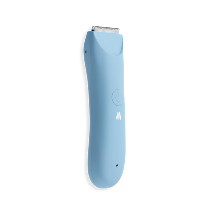 Compact blue electric hair clipper with metal blades, ergonomic design, power button, and LED indicator for grooming.