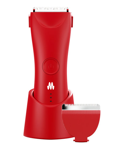 Red cordless electric hair clipper with charging stand and detachable blade attachment, branded with Meridian logo.