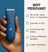 Hand holding blue Meridian electric trimmer with benefits: no nicks, wet/dry use, cuts thick hair, adjustable trim, 3-year warranty.