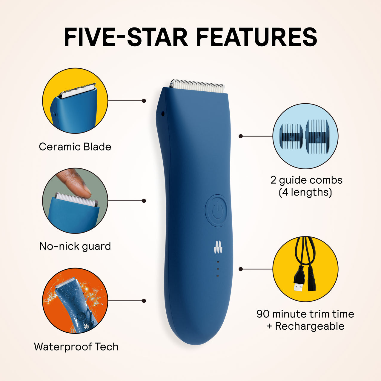 Blue electric hair trimmer with ceramic blade, no-nick guard, waterproof tech, 2 guide combs, 90-minute rechargeable battery.