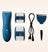 Blue cordless electric hair trimmer with two comb attachments, extra blade, USB charging cable, and cleaning brush.