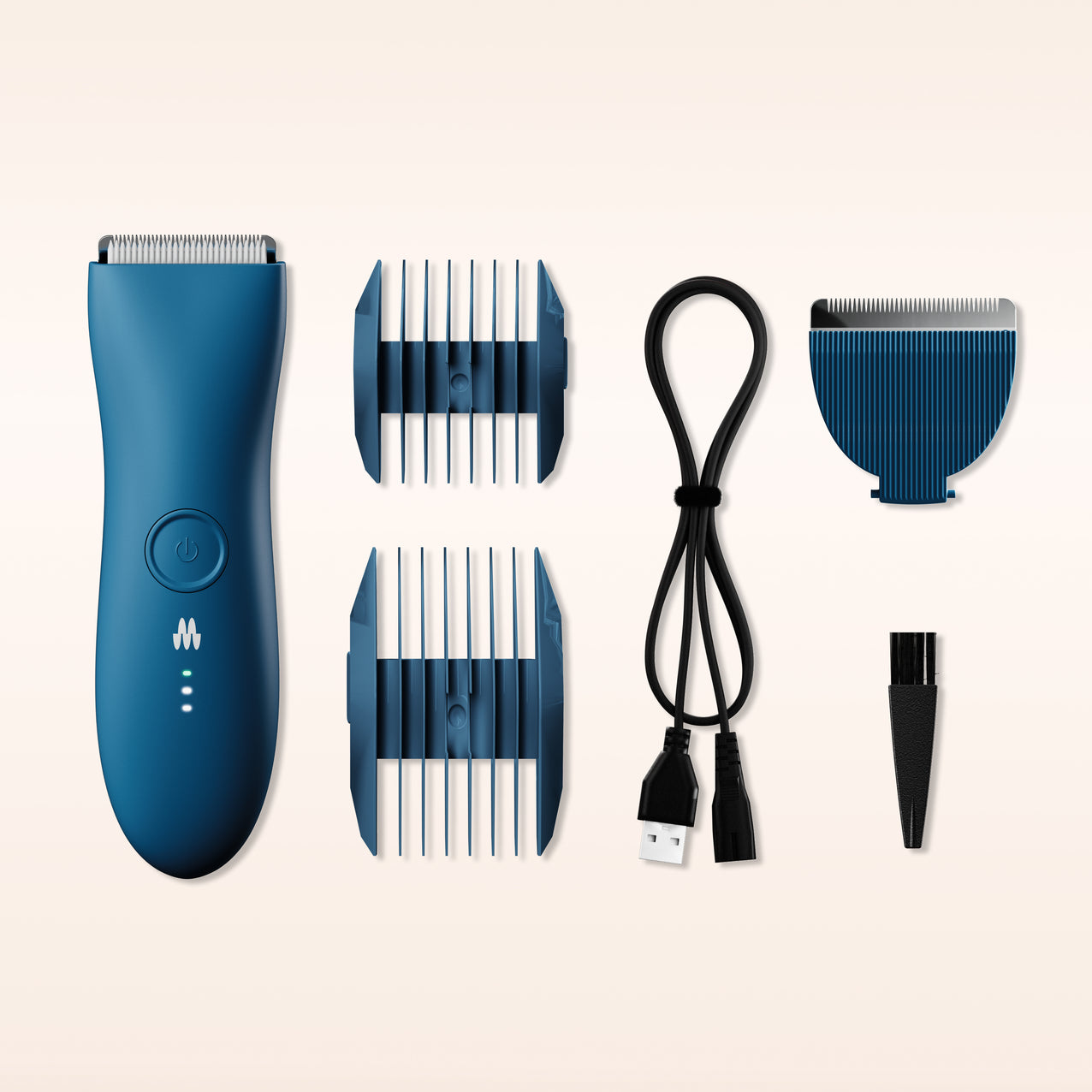 Blue cordless electric hair trimmer with two comb attachments, extra blade, USB charging cable, and cleaning brush.