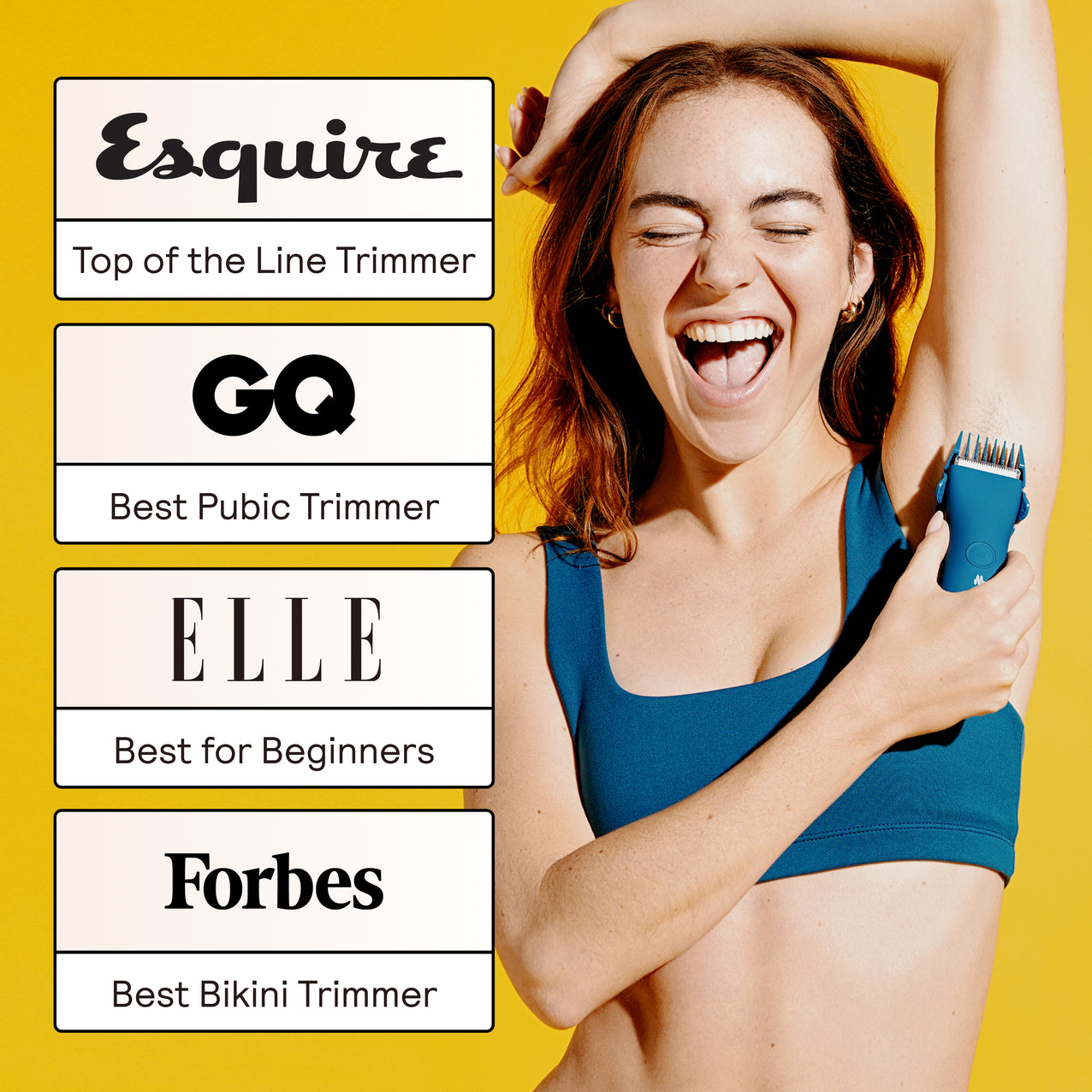 Woman in blue sports bra using electric body trimmer on armpit with yellow background and magazine award badges.