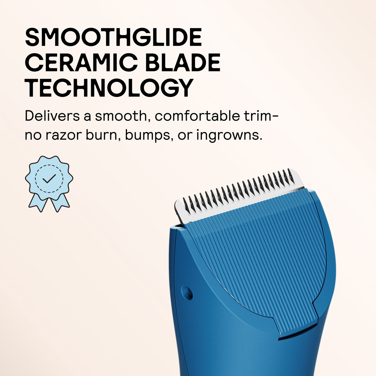 Blue electric trimmer showcasing SmoothGlide ceramic blade technology for smooth, bump-free, comfortable shaving and trimming.