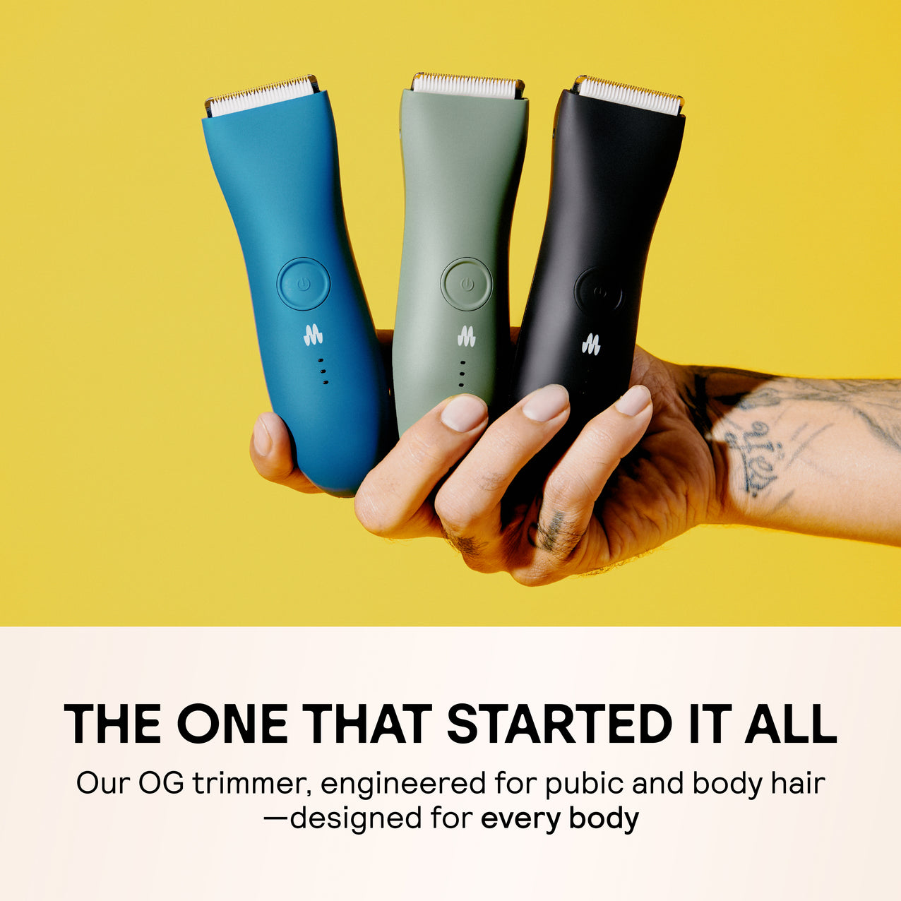 Three ergonomic electric body and pubic hair trimmers in blue, green, and black held against yellow background.