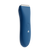Cordless blue electric hair trimmer with stainless steel blades, power button, and battery indicator lights for grooming.