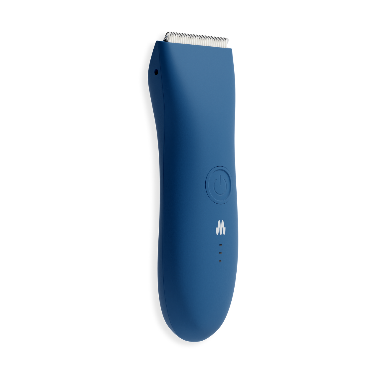 Cordless blue electric hair trimmer with stainless steel blades, power button, and battery indicator lights for grooming.