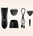 Rechargeable black electric hair clipper kit with trimmer attachments, USB charging cable, stand, and cleaning brush.