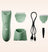 Cordless green electric hair clipper set with multiple comb attachments, charging dock, USB cable, and cleaning brush.