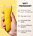 Hand holding yellow electric hair trimmer with benefits listed: no nicks, wet or dry use, cuts thick hair, adjustable trim, 3-year warranty.