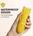 Yellow waterproof electric hair trimmer with water droplets held in hand, designed for use in shower or travel.