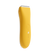 Yellow cordless electric hair clipper with stainless steel blades and power button, designed for precise grooming.