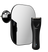 Black electric hair trimmer with adjustable comb and rectangular wall-mounted mirror with suction cup, grooming tools.