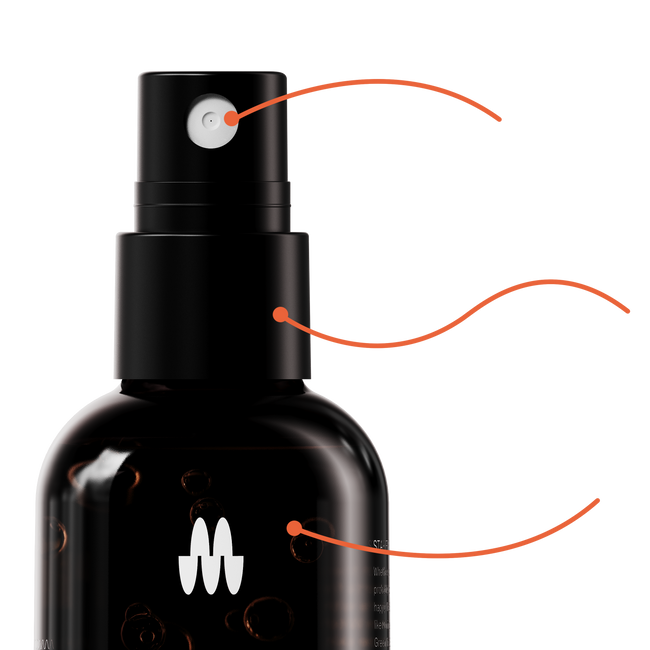Close-up image of a black spray bottle with a nozzle, a cylindrical neck, and a white logo on the body, with orange lines pointing to the nozzle, neck, and logo.