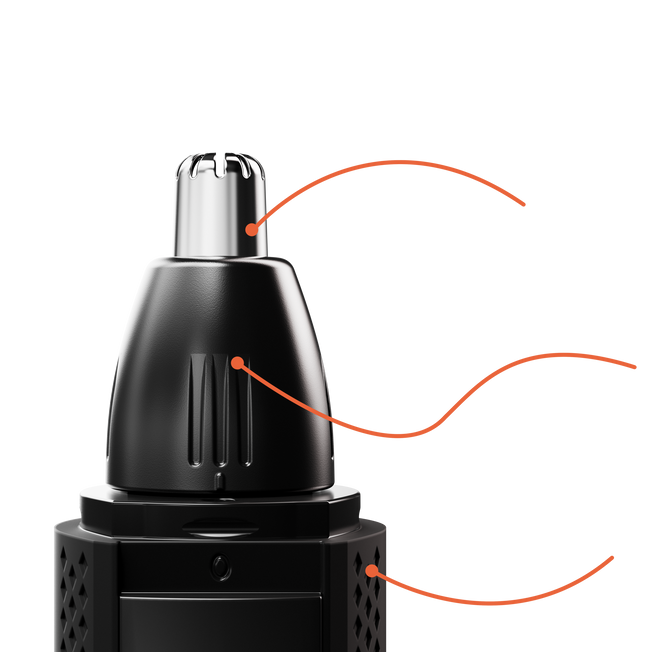 Close-up of a black and silver Meridian grooming trimmer head with highlighted features and ergonomic design elements.