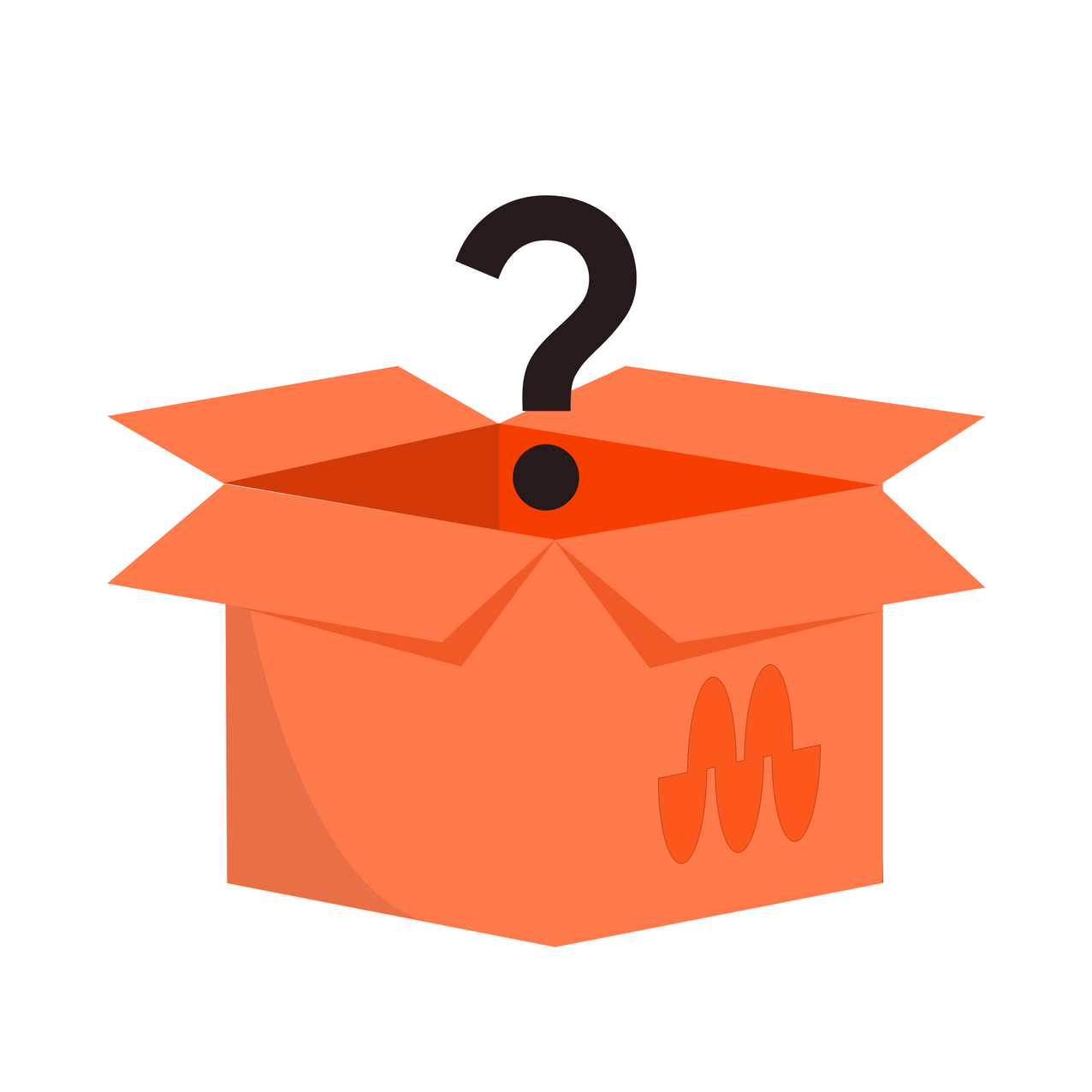 Orange open cardboard box with a black question mark rising, symbolizing mystery unboxing or surprise product package.