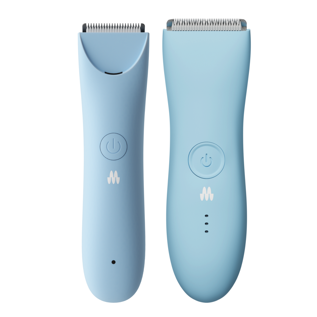 Two sleek light blue electric hair clippers with power buttons and cutting blades, designed for grooming.