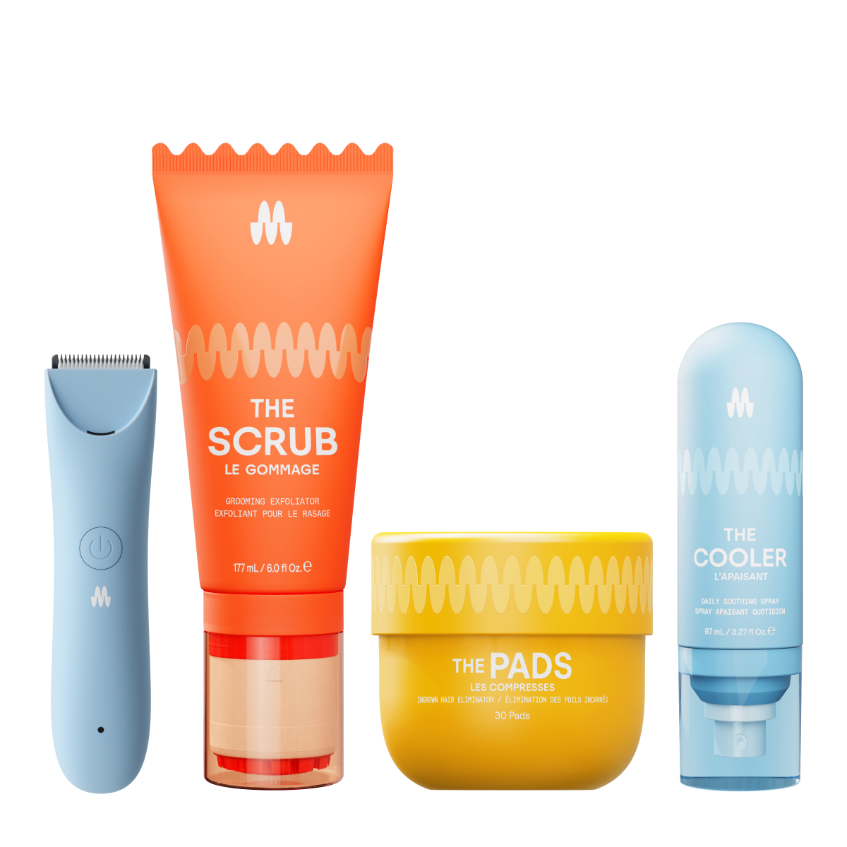 Set of men's grooming products including an electric trimmer, exfoliating scrub, ingrown hair eliminating pads, and daily soothing spray.