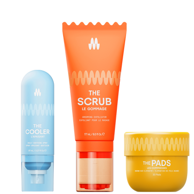 Three Meridian grooming products shown together: The Cooler daily soothing spray in light blue, The Scrub grooming exfoliator in orange, and The Pads ingrown hair eliminator in yellow.