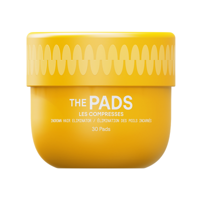Yellow container of "The Pads" ingrown hair eliminator with 30 pads for skincare and grooming.