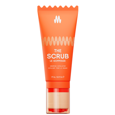 Orange tube of Meridian's The Scrub, a grooming exfoliator with a built-in exfoliant dispenser, 177 mL.