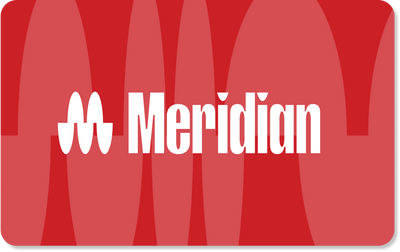 Meridian logo in white on a red background with abstract patterns.