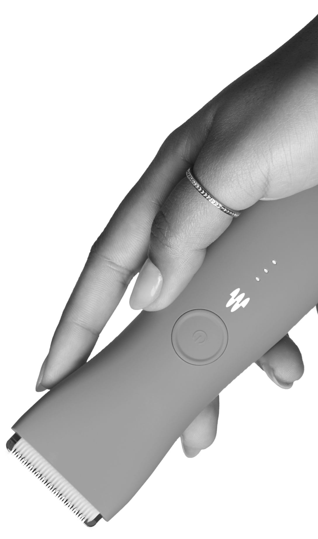 Rechargeable electric hair trimmer with ergonomic grip held by hand, featuring precision blade for grooming and styling.
