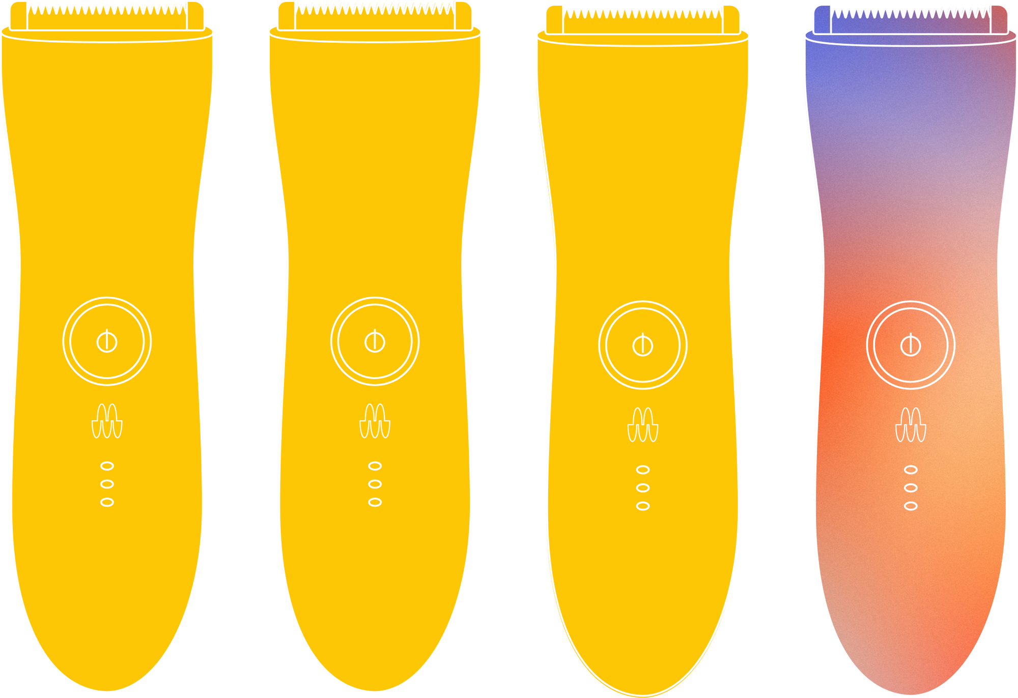 Electric hair clippers in yellow and gradient orange-purple with power buttons and LED indicators, grooming tool for haircutting and shaving.