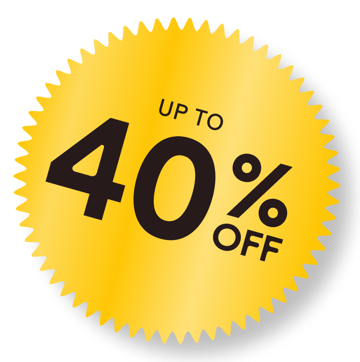 Yellow starburst badge with bold black text "UP TO 40% OFF" for discount and sale promotion.