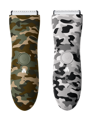 Cordless electric hair clippers in green and gray camouflage patterns, featuring power buttons and ergonomic design.