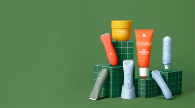 Skincare products including moisturizer, serum, and beauty devices on green geometric stands against green background for self-care.