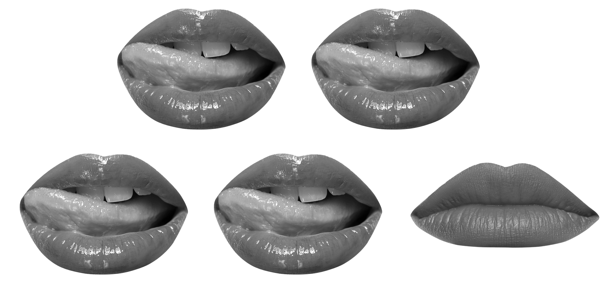 Set of five glossy lips with various open and closed mouth expressions, perfect for beauty or makeup branding.