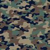 Seamless military camouflage pattern with green, brown, tan, and dark blue abstract shapes for tactical gear and outdoor apparel.