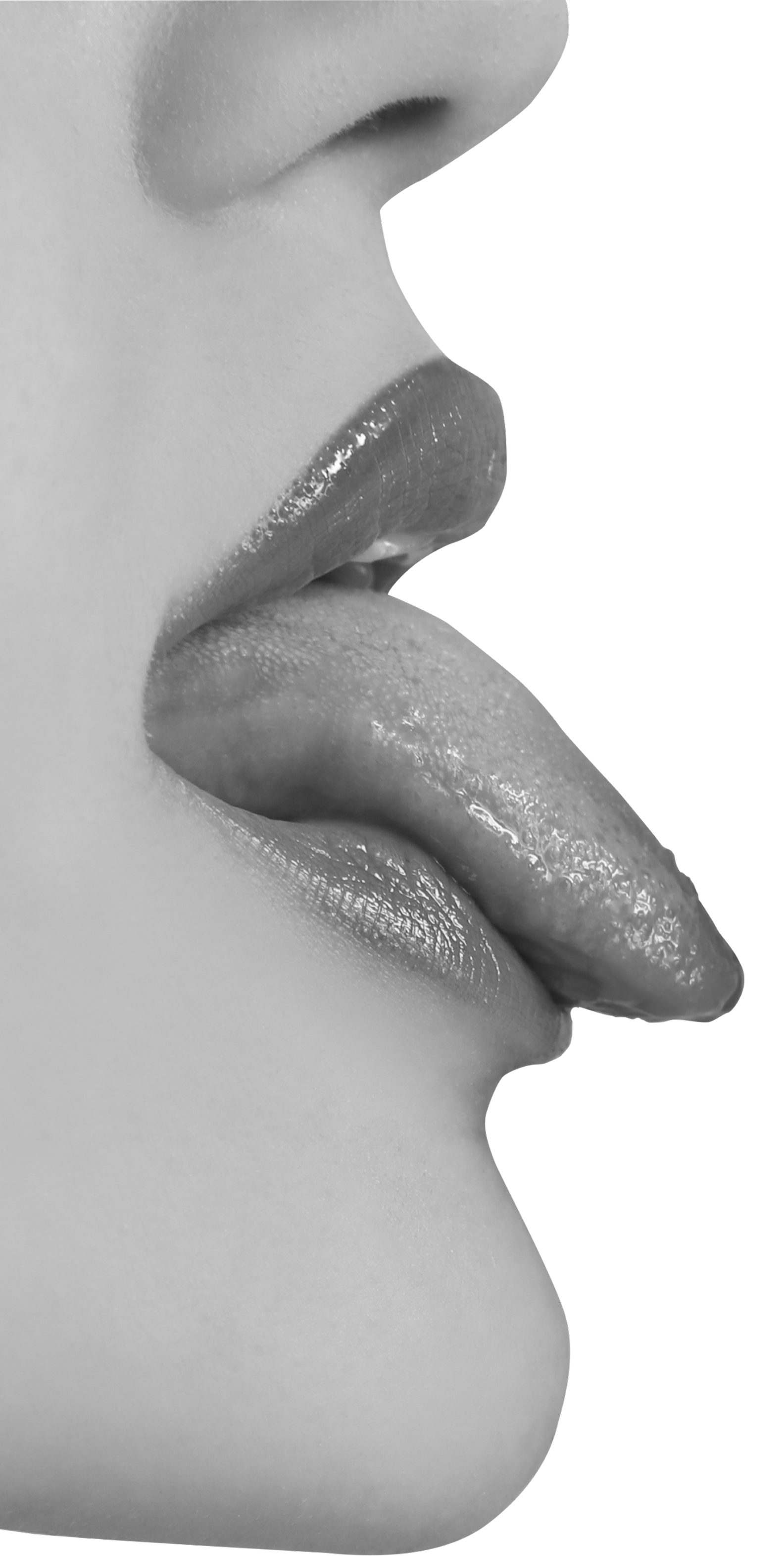 Glossy lips with extended tongue, close-up profile showing smooth skin, makeup, and facial features in monochrome.
