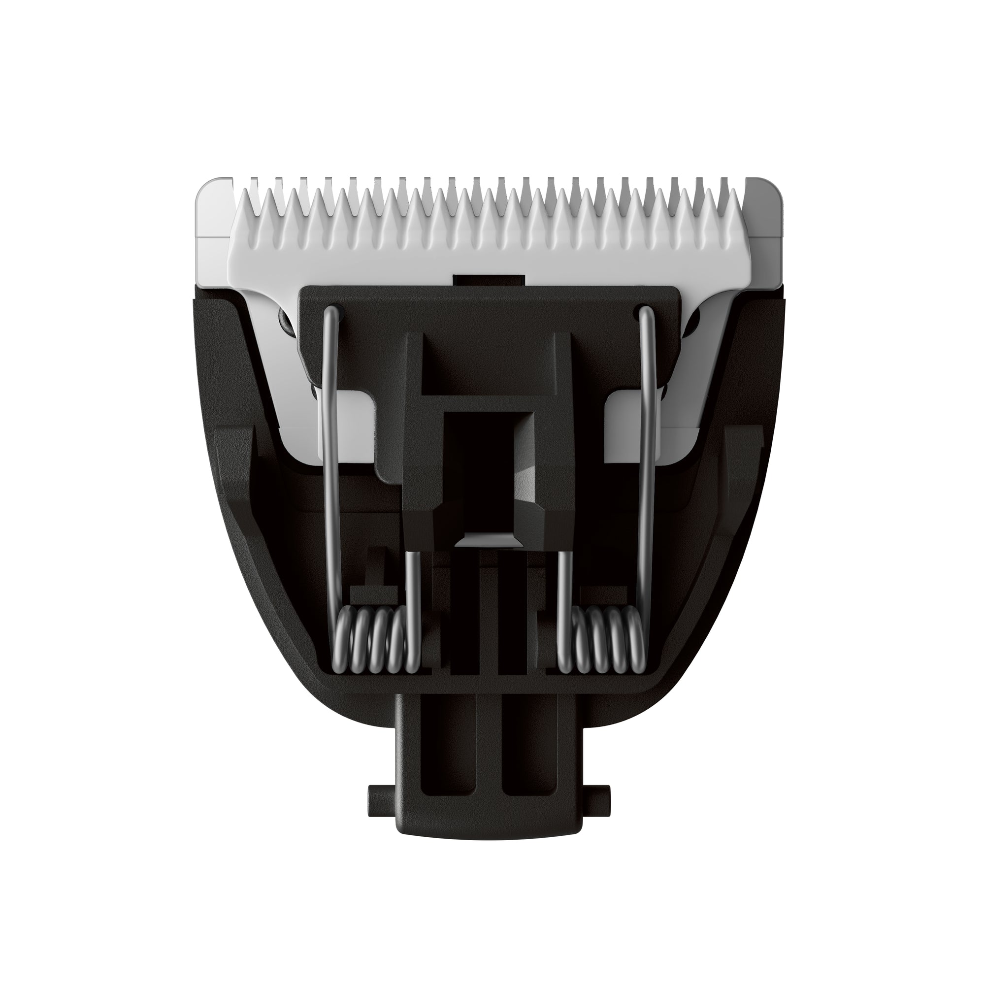 Precision ceramic hair clipper blade with black plastic housing and metal springs for grooming and barber tools.