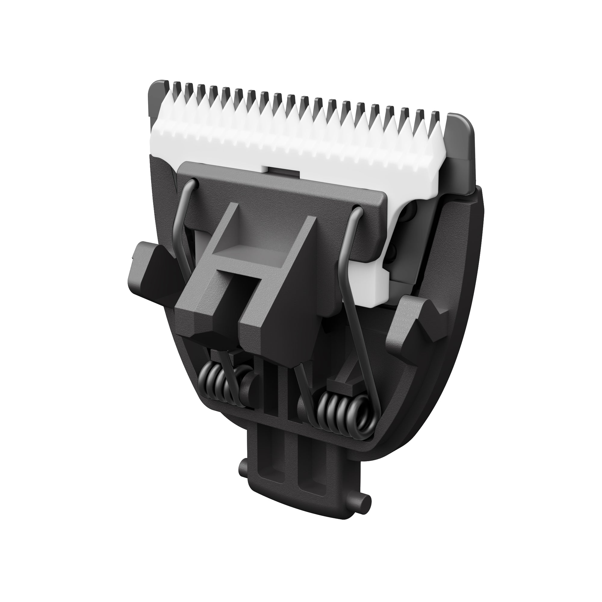 Precision black and white hair clipper replacement blade with spring mechanism for grooming tools.