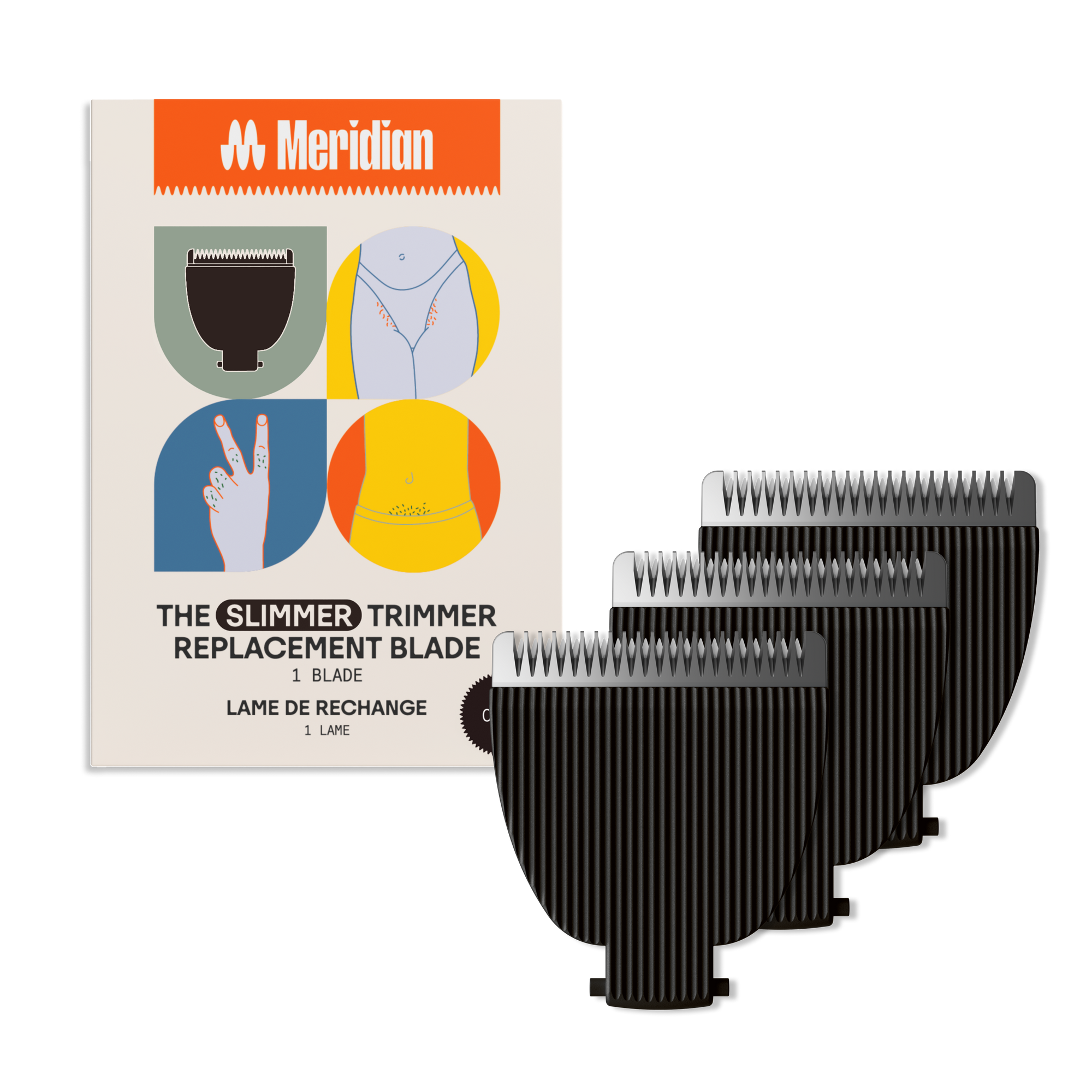 Meridian Slimmer trimmer replacement blades pack with illustrated grooming areas for body and bikini hair trimming.