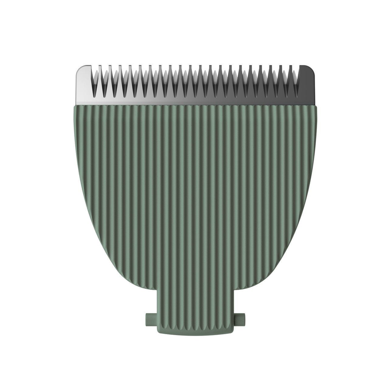 Green ribbed hair clipper blade attachment with sharp stainless steel teeth for precise grooming and trimming.